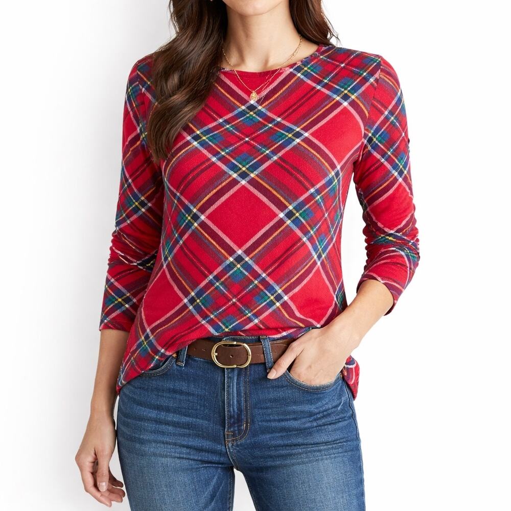 Talbots Red Tartan Plaid Long Sleeve Tee Preppy Classic Size Small Cozycore